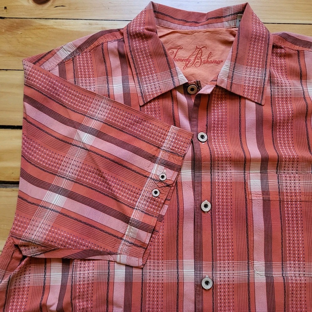 Tommy Bahama Silk Shirt Mens Large Slim Button Up Orange Plaid Camp Coastal Dad